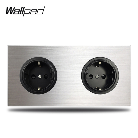 Wallpad Grey 2 Gang Double EU Wall Electric Outlet Socket German Plug Silver Brushed Aluminum Panel Double Plate 172 * 86 mm ► Photo 1/5