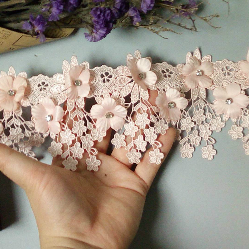 1 Yard 3D Flower Tassel Fringe Pearl Lace Edge Trim Ribbon 9 cm Width Vintage Style Pink Edging Trimmings Fabric Embroidered Applique Sewing Craft Wedding Dress Embellishment DIY Clothes Embroidery