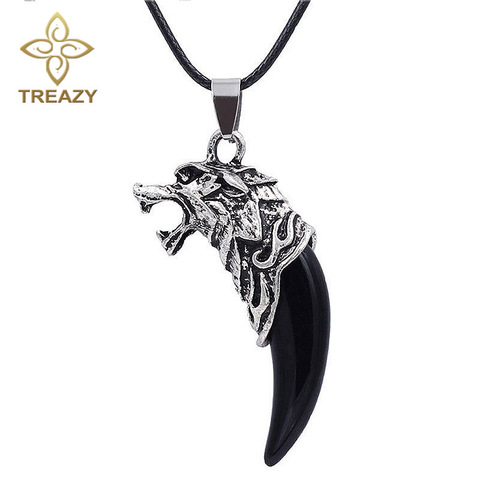 TREAZY Fashion White & Black Wolf Tooth Choker Necklace With Rope Chain Animal Wolf Head Pendant Necklace for Men & Boy ► Photo 1/6
