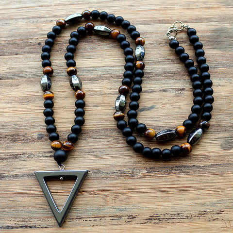 New Design 6MM Tiger stone bead Black Men's Hematite triangle pendants Necklace Fashion Jewelry ► Photo 1/5