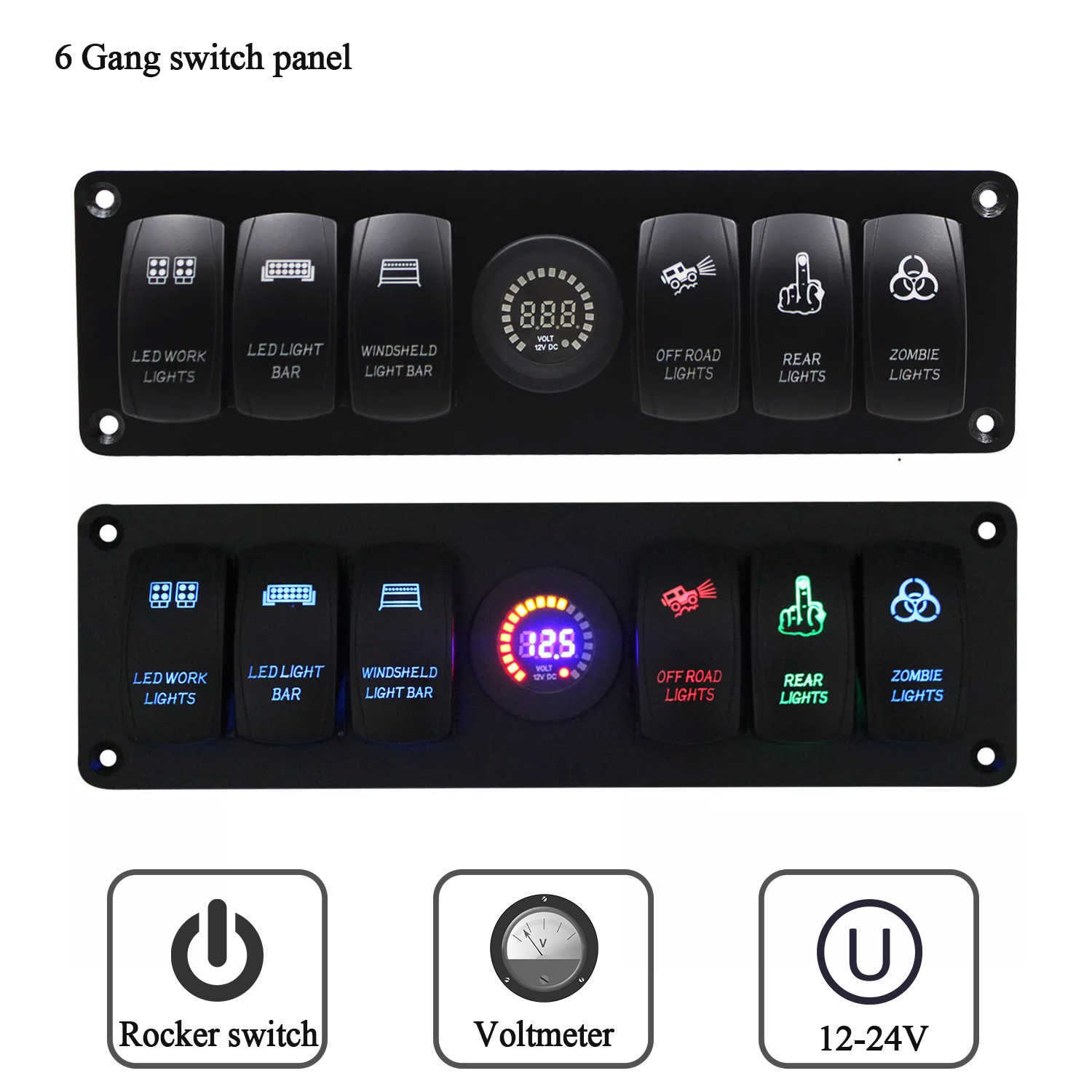 6 GANG Rocker Switch Dash Panel Circuit Breaker LED Voltmeter RV Car Boat 12/24V 