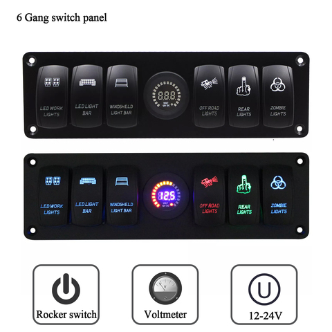 Colorful 12V 6 Gang Rocker Switch Panel Circuit Breaker LED Voltmeter RV Car Marine Boat Switch Panel Led Switch Panel Auto ► Photo 1/6