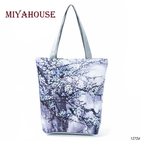 Miyahouse Ink-Wash Painting Design Shoulder Bag Women Blue Floral Printed Tote Handbag Canvas Summer Beach Bag Lady ► Photo 1/6