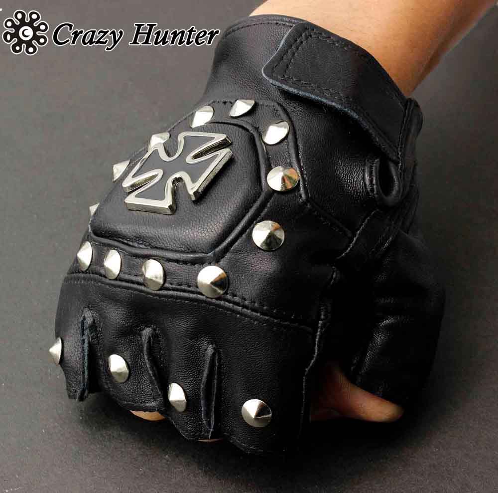 Mens Punk Biker Skulls Studded Fingerless Real Leather Gloves