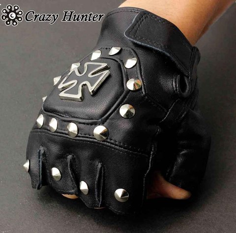 Real Leather Chopper Cross Punk Rocker Driving Motorcycle Fingerless Gloves ► Photo 1/4