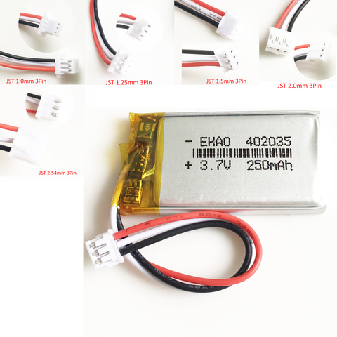 3.7V 250mAh 402035 Lithium Polymer LiPo Rechargeable Battery + JST 1.0/1.25/1.5/2.0/2.5mm 3pin for Handheld GPS Mp3 Bluetooth ► Photo 1/6