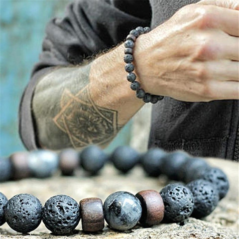 YIZIZAI Natural Lava Rock Stone Beads Strand Bracelet Wooden bead Accessories Black Charm Stone Men Women Jewelry Gift ► Photo 1/4