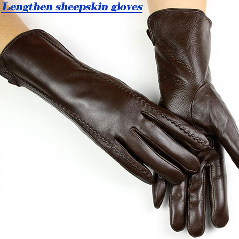 Sheepskin gloves women's mid-length striped style velvet lining autumn and winter warmth ladies brown leather finger gloves ► Photo 1/6