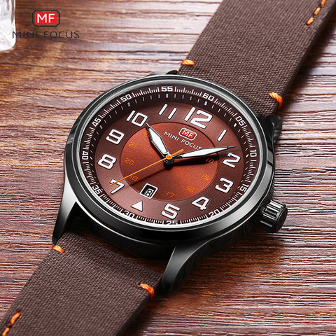 MINI FOCUS Men's Quartz Watches Large Numbers Army Sports Leather Strap Wristwatch Man Waterproof Relogios Clock 0166G Coffee ► Photo 1/6