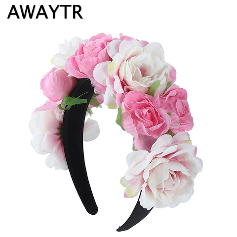 AWAYTR 2022 New Women Girls Wedding Headband Kids Party Floral Garlands Flower Crown Rose Wreath Hairband Pink Hair Accessories ► Photo 1/1