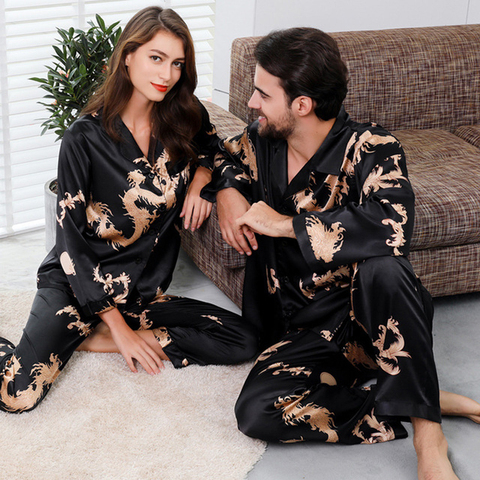 Couple Silk Satin Pajamas Pyjamas Set Long Sleeve Sleepwear Pijama Pajamas Suit Women And Man Sleep 2PC Set Loungewear Plus Size ► Photo 1/6