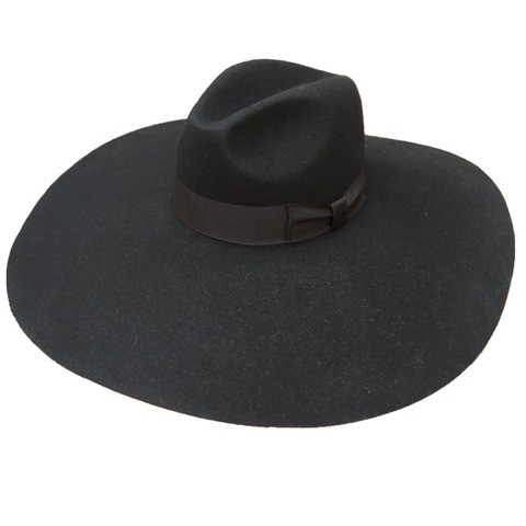 Black Wool Felt Soft  Extra Wide Large Brim Fashion Fedora Hat For Women 16cm ► Photo 1/1