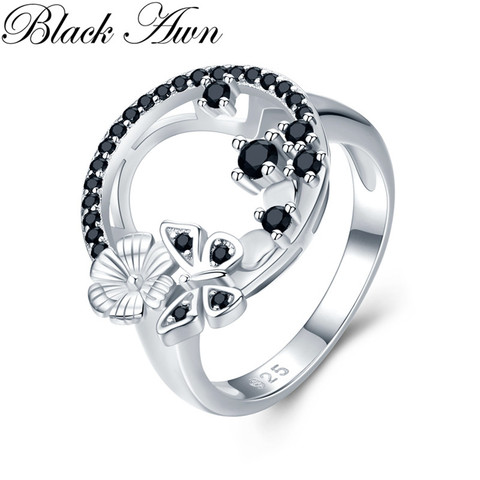 Black Awn 2022 New Cute 925 Sterling Silver Fine Jewelry Baguet Row Engagement Black Spinel Butterfl Rings for Women G027 ► Photo 1/5