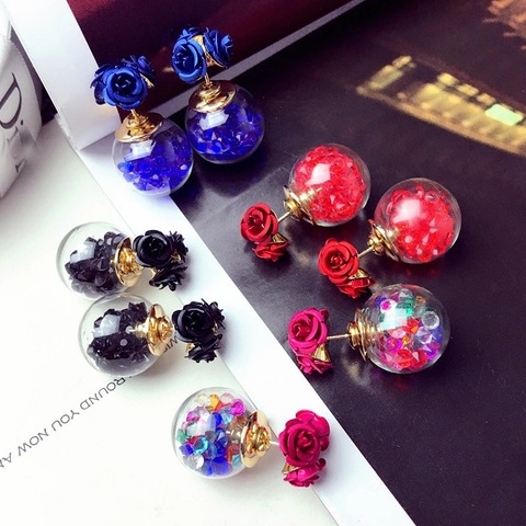 1Pair Fashion Cute Women Girls Elegant Exquisite Ear Stud Zircon Crystal Three Rose Flowers glass ball Double Sides Earrings ► Photo 1/6