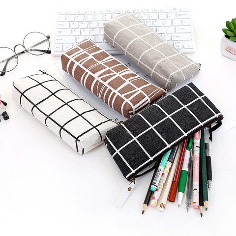 Canvas Geometric Pencil Case School Simple Striped grid Solid Color Cute Kawaii Pencil Bag Pouch Office Students Kids Supplies ► Photo 1/6
