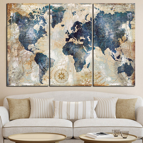 3Panel Watercolor World Map Modular Painting Posters and Prints on Canvas Scandinavian Cuadros Wall Art Picture For Living Room ► Photo 1/6