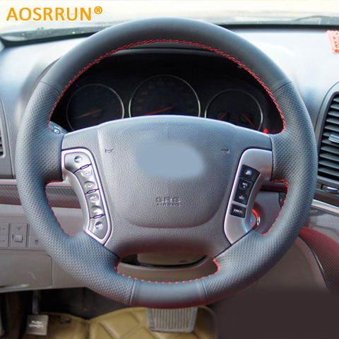 AOSRRUN Leather Hand-Stitched Car Steering Wheel Covers For Hyundai Santa Fe 2006-2012 Accessories ► Photo 1/2