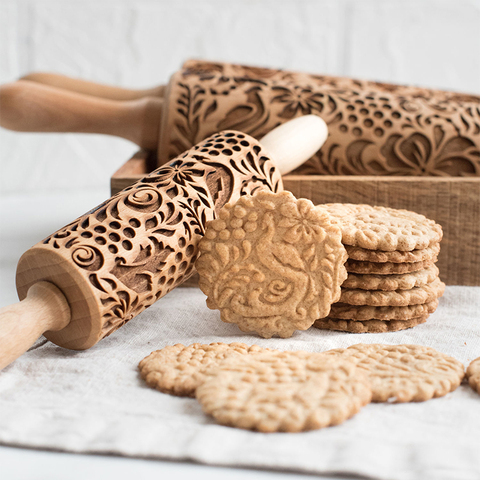 New Leaf Christmas Deer Wooden Rolling Pin Embossing Baking Cookies Noodle Biscuit Fondant Cake Dough Patterned Roller Snowflake ► Photo 1/6