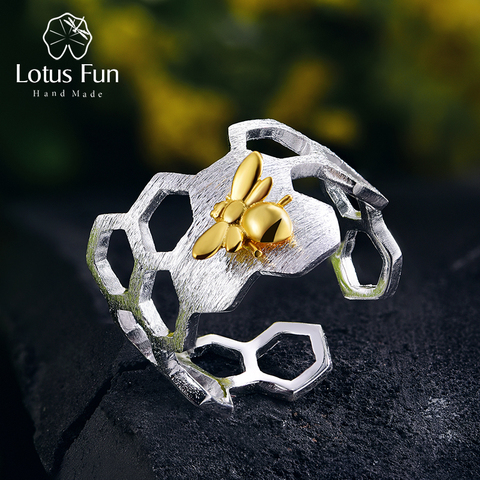 Lotus Fun Real 925 Sterling Silver 18K Gold Bee Rings Natural Designer Fine Jewelry Home Guard Honeycomb Open Ring for Women ► Photo 1/6