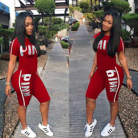 Fanco  Casual Pink Letter Print Women Two Piece Set New Summer Rompers Sexy Striped T-Shirts And Skinny Pants 2pcs Outfits ► Photo 1/5