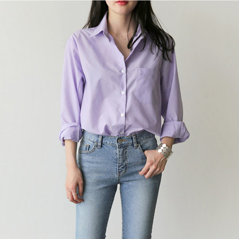 Spring Women Blouse Striped Turn-down Collar Office Lady Tops Full Sleeve Women Shirts Light Purple Fashion Female Tops blusas ► Photo 1/6