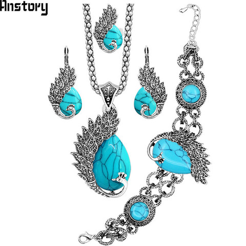 Vintage Peacock Synthetic Turquoises Jewelry Set Necklace Earring Bracelet Ring For Women Antique Silver Plated Fashion Jewelry ► Photo 1/6