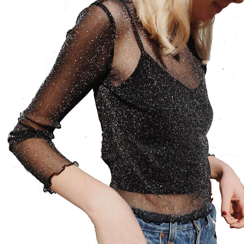 Women Tops Sexy T Shirt See Through Transparent Mesh Long Sleeve
