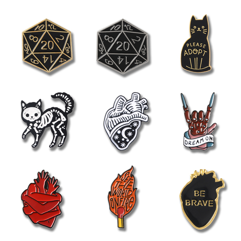 Punk style enamel Pins Night sky Heart Black skeleton cat Brooches for women Dragon & Dungeon Dice hand lapel Pin Badges Jewelry ► Photo 1/6
