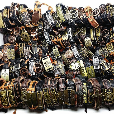 MIXMAX 100pcs leather bracelet men Genuine vintage punk rock retro bangle for women couple pulsera hombre wholesale lots bulk ► Photo 1/4