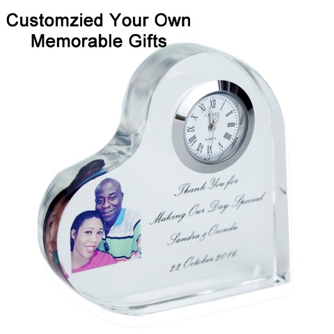 Free shipping 1 pc excellent cutting crystal heart clock customized engraving  Photo Printing wedding Anniversary Favor gifts ► Photo 1/6