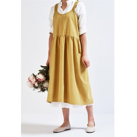 Women Ladies Cotton Linen Dress Plain Sundress 2022 Casual Apron Garden Work Pinafore Dress Loose Pockets Mid-Calf Dress ► Photo 1/6