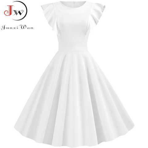 Summer White Petal Sleeves Cocktail Party Vintage Dress  50s 60s Elegant Robe Femme Casual Solid Slim Office Dress Vestidos ► Photo 1/6