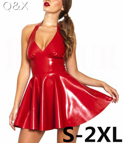 XX48 Sexy PVC Faux Leather Dress Red Shiny 2017 Halter Sleeveless Catsuit Erotic Bondage Pleated Dress Clubwear Costume S-XXL ► Photo 1/6
