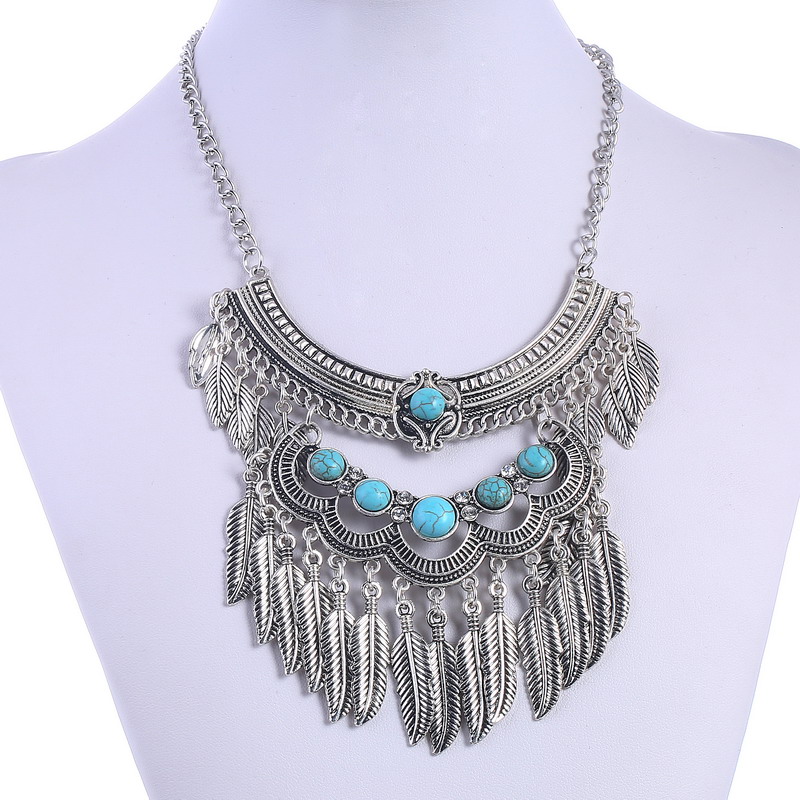 Maxi Necklace Boho Retro Ancient Silver plated Bead Leaf Tassel Pendant Necklace