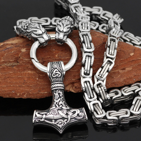 Men stainelss wolf head with thor hammer pendant necklace with King chain ► Photo 1/6
