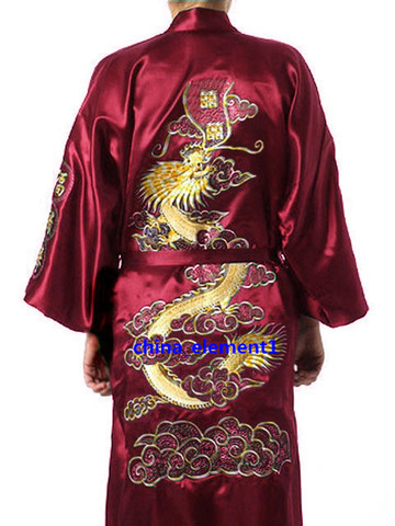 Burgundy Mens Kimono Robe Embroidery Bath Gown Faux Silk Bathrobe Nightgown Sleepwear Hombre Pijama Size S M L XL XXL XXXL ► Photo 1/6