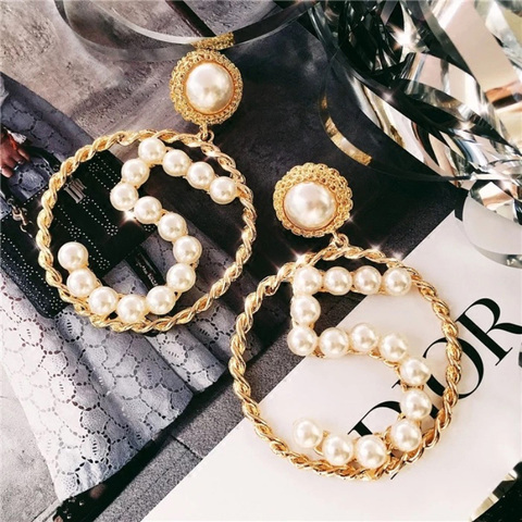 Fashion High Quality Brand Women Earring Jewelry Simple Pearl Number 5 Big Circle Part Model Earrings Black Ribbon Weaves ► Photo 1/6