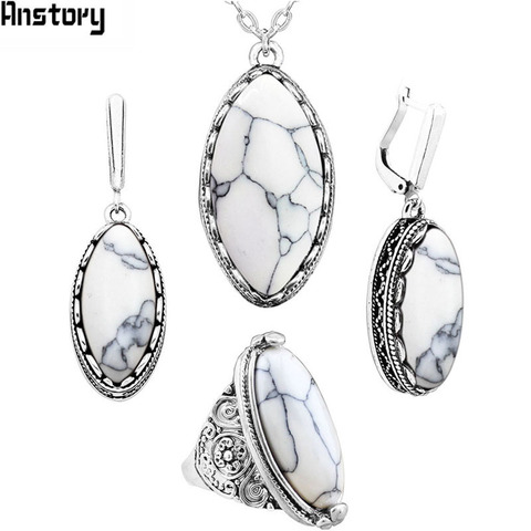 Anstory Eye Shape Stone Jewelry Sets 4 Colors Necklace Earrings Rings For Women Antique Silver Plated Stainless Steel Chain Gift ► Photo 1/6