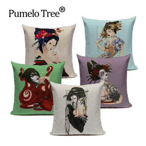 45x45cm Cotton Linen Quote Cushion Cover Creative Japanese Kabuki Pattern Day Gift Pillow case Throw Pillow Cover Dropshipping ► Photo 1/6