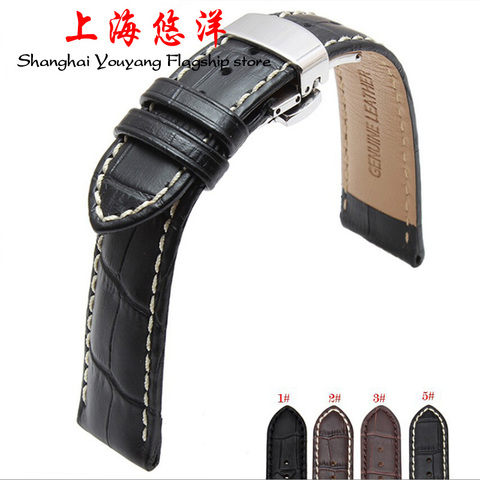 New 18mm 19mm 20mm 21mm 22mm Black Brown Genuine Leather Watchband Watch Band Strap Bracelet With Silver Butterfly Clasp Buckle ► Photo 1/6