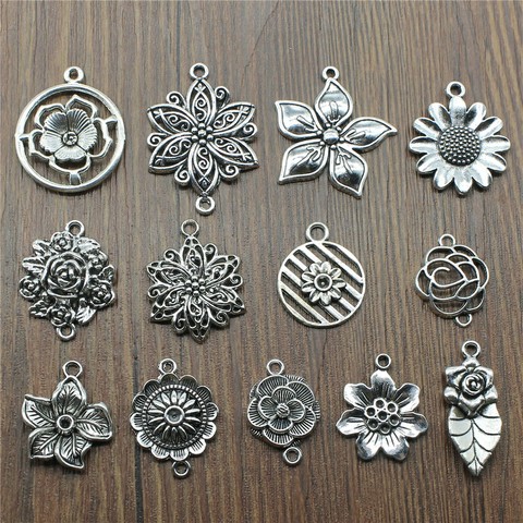 10pcs/lot Charms Flower Antique Silver Color Flower Pendant Charms Flower Charms For Jewelry Making ► Photo 1/2