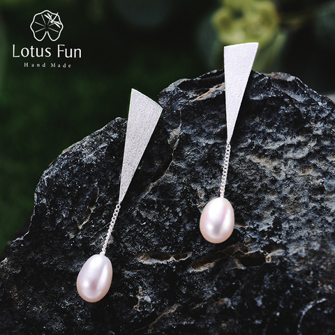 Lotus Fun Real 925 Sterling Silver Natural Pearl Earrings Handmade Fine Jewelry Triangle Water Drop Dangle Earrings for Women ► Photo 1/6