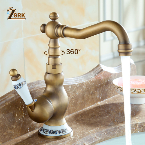 ZGRK Wholesale And Retail Deck Mounted Single Handle Bathroom Sink Mixer Faucet Antique Brass Hot and Cold Water Face Mixer Tap ► Photo 1/6