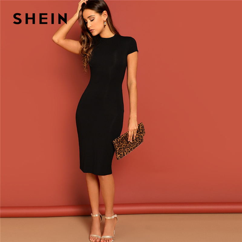 SHEIN Black Stand Collar Solid Natural Waist Stretchy Bodycon Dress Women  Summer Elegant Short Sleeve Slim Fitted Pencil Dresses - Price history &  Review | AliExpress Seller - SheIn Official Store | Alitools.io