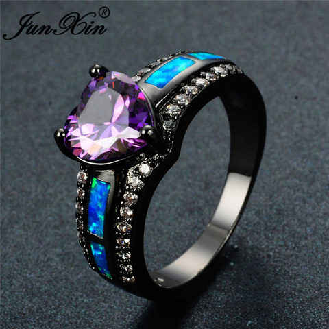 JUNXIN Charm Multicolor Heart Zircon Blue/White/Pink Fire Opal Rings For Women Vintage Fashion Black Gold Filled Birthstone Ring ► Photo 1/6
