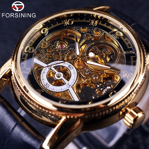 Forsining Classic Hollow Engraving Skeleton Casual Designer Black Golden Gear Bezel Watches Men Luxury Brand Automatic Watches ► Photo 1/6