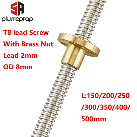 T8 Lead Screw OD 8mm Pitch 2mm Lead 2mm 150mm 200mm 250mm 300mm 350mm 400mm 500mm with Brass Nut for Reprap 3D Printer Z Axis ► Photo 1/6