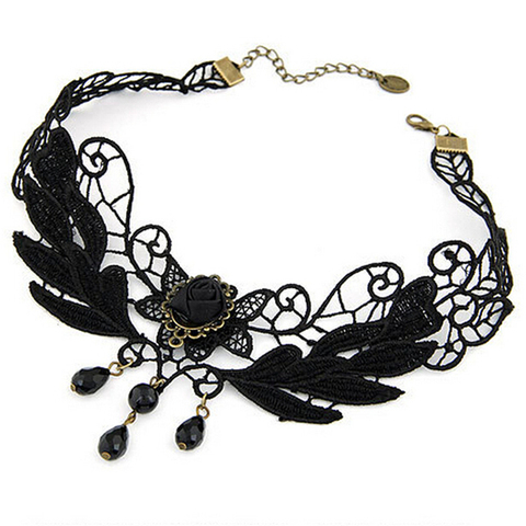 1PC Gothic Jewelry False Collar Statement Necklace Women's Style Black Fabric Rose Flower Beads Pendant Choker Lace Necklace ► Photo 1/1