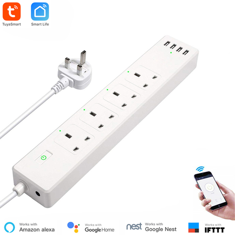 UK Standard WiFi Smart Power Strip 4 Outlets 4 USB ports Smart Extension Cord Work With Alexa Echo and Google Nest Tuya Smart ► Photo 1/6