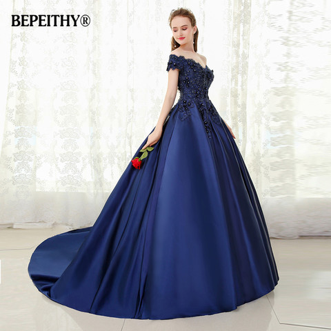 BEPEITHY V-neck Navy Blue Long Evening Dress Lace Beaded Vintage Prom Gowns Vestido De Festa Off The Shoulder Cheap Evening Gown ► Photo 1/6